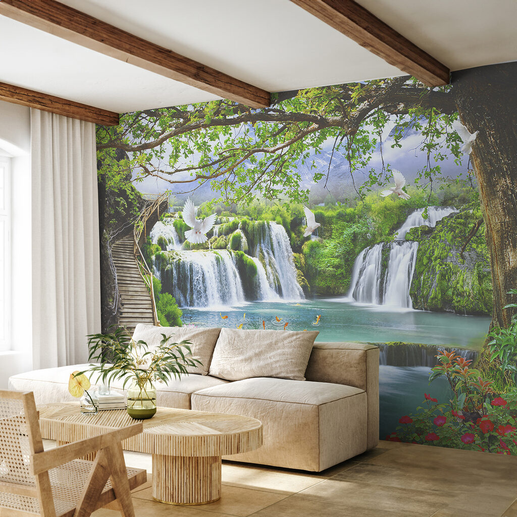 Wasserfälle hinter grünen Bögen in einem Interieur