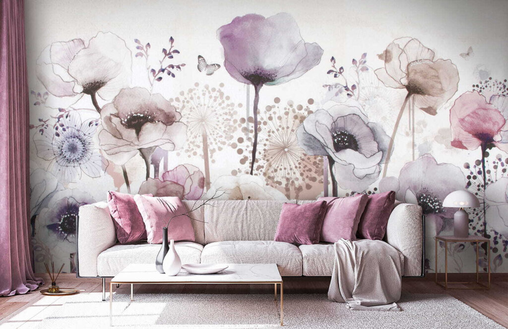 Wiesenblumen in lila Aquarell in einem Interieur