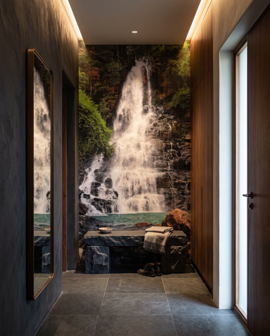 Wasserfall zwischen dunklen Felsen in einem Interieur