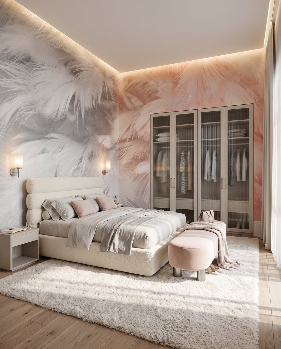 Federn im rosa Schleier in einem Interieur