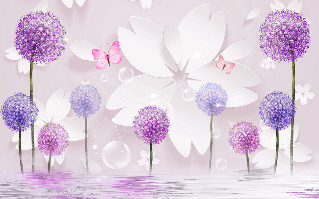 Violette Blüten und Schmetterlinge — ganzes Design