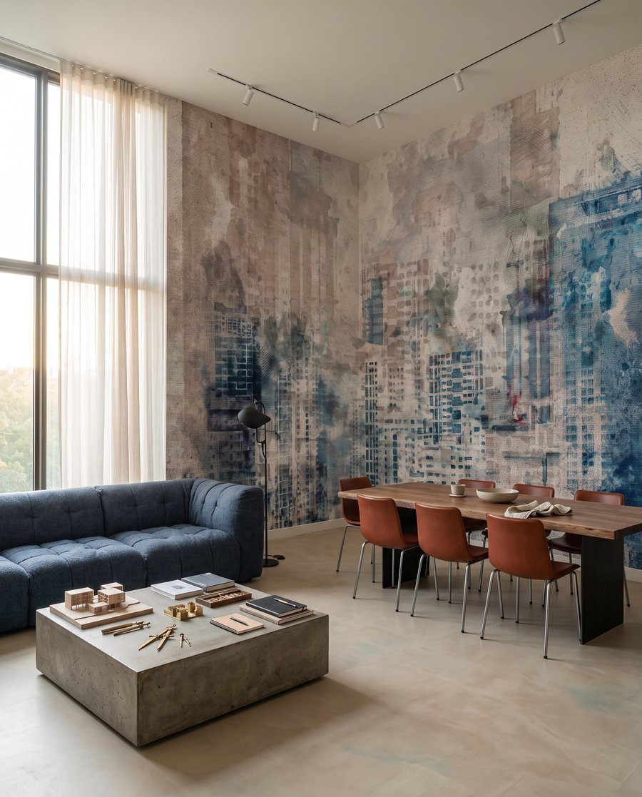 Skyline in grauen Schichten in einem Interieur