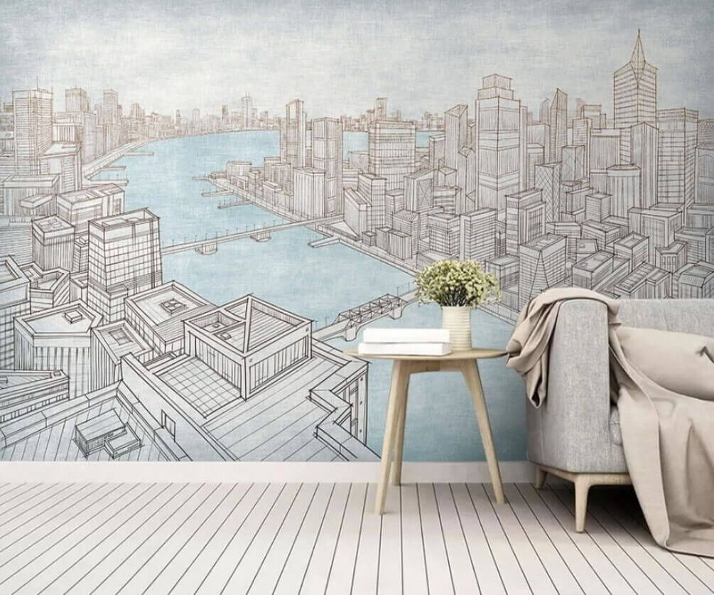 Gezeichnete Stadt am Wasser in einem Interieur