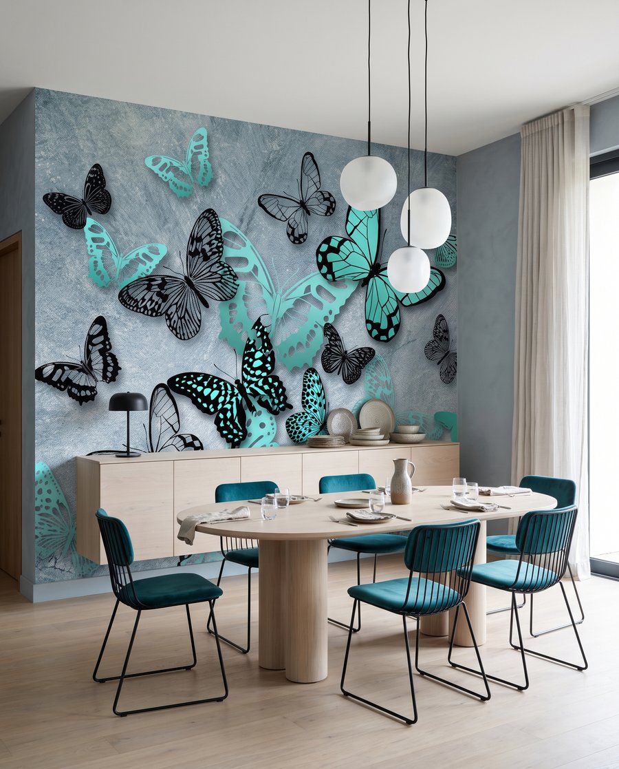 Türkisfarbene Schmetterlinge in Bewegung in einem Interieur