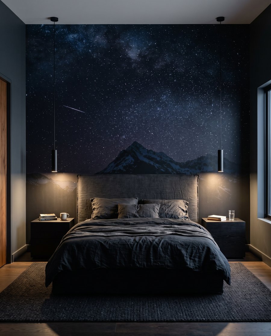Sterne über dunklen Gipfeln in einem Interieur