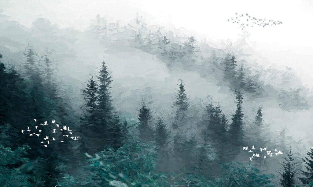 Nebliger Wald mit Vögeln — ganzes Design