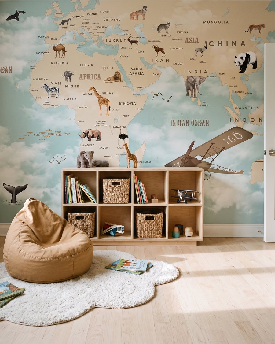 Weltreise mit kleinen Tieren in einem Interieur