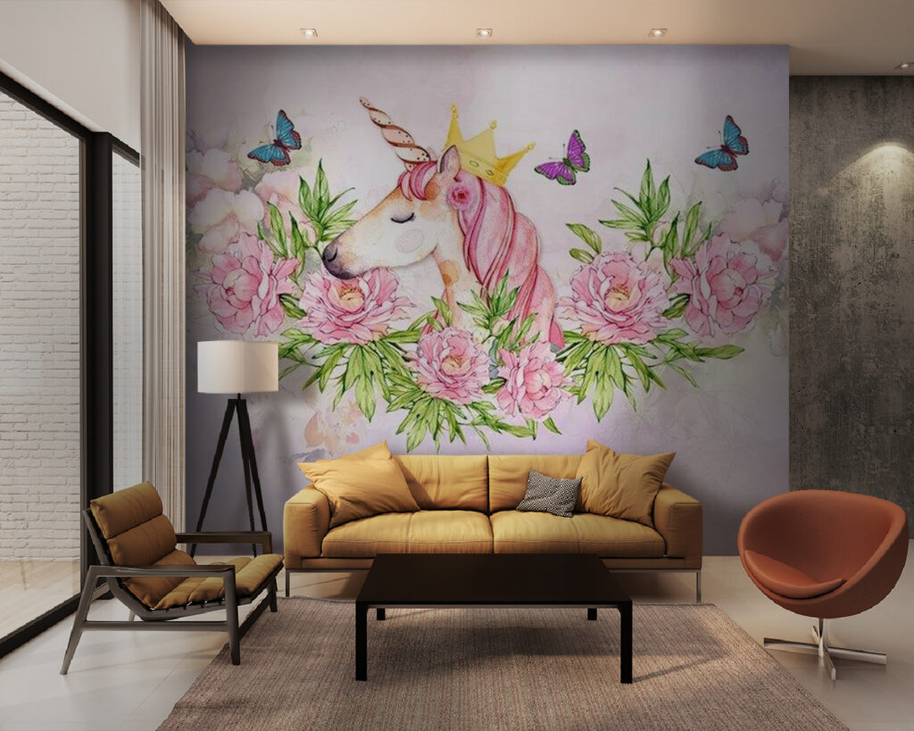 Einhorn zwischen rosa Rosen in einem Interieur