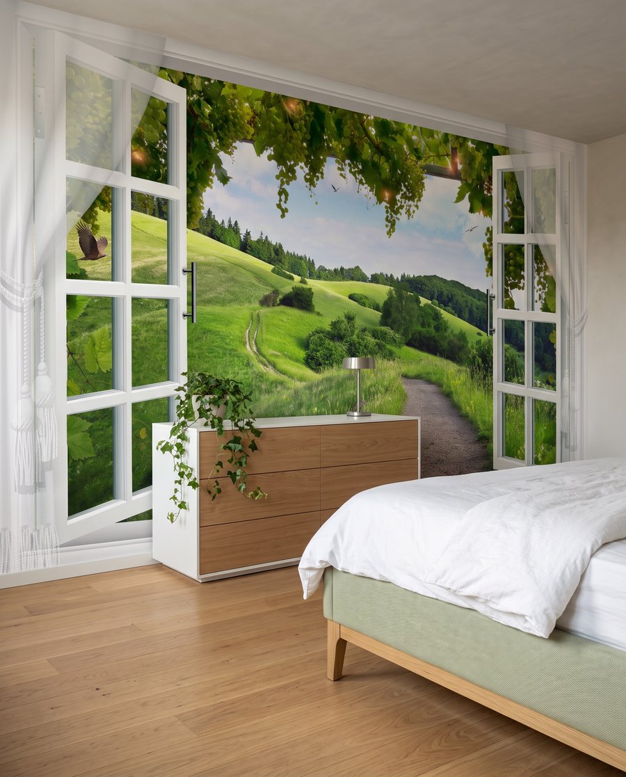 Fenster zu grünen Hügeln in einem Interieur