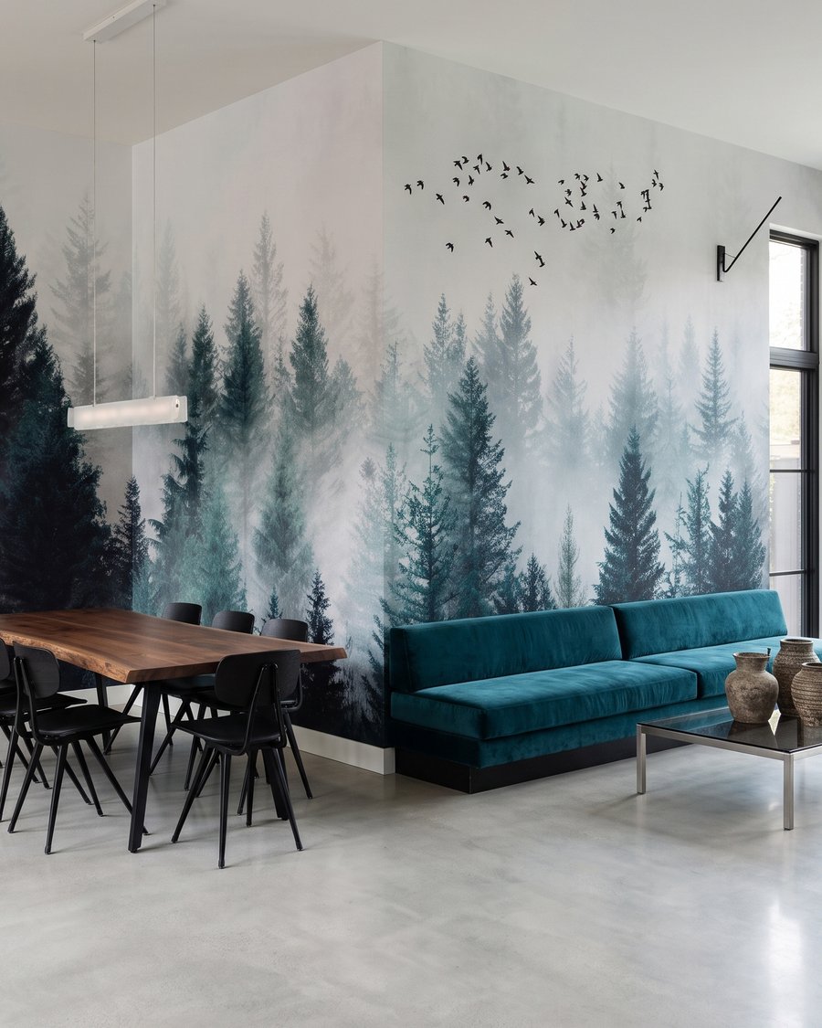 Vögel über grünen Nadelbäumen in einem Interieur