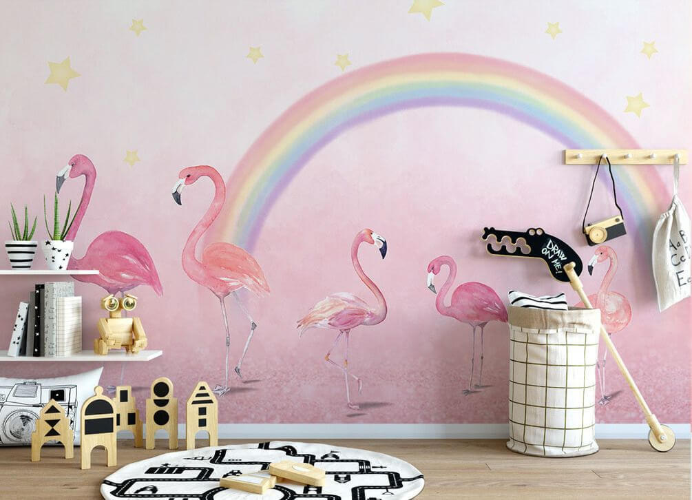 Flamingos unterm Regenbogen in einem Interieur