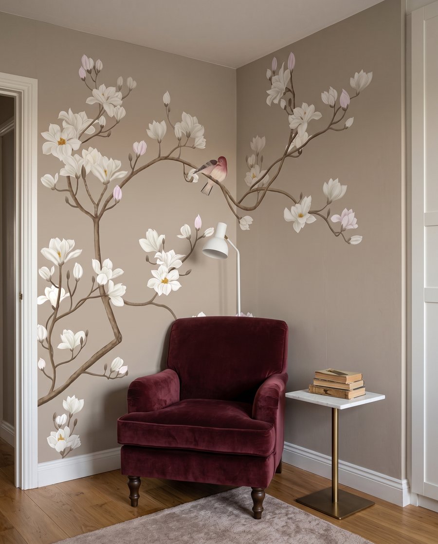 Vögelchen auf Blütenzweigen in einem Interieur