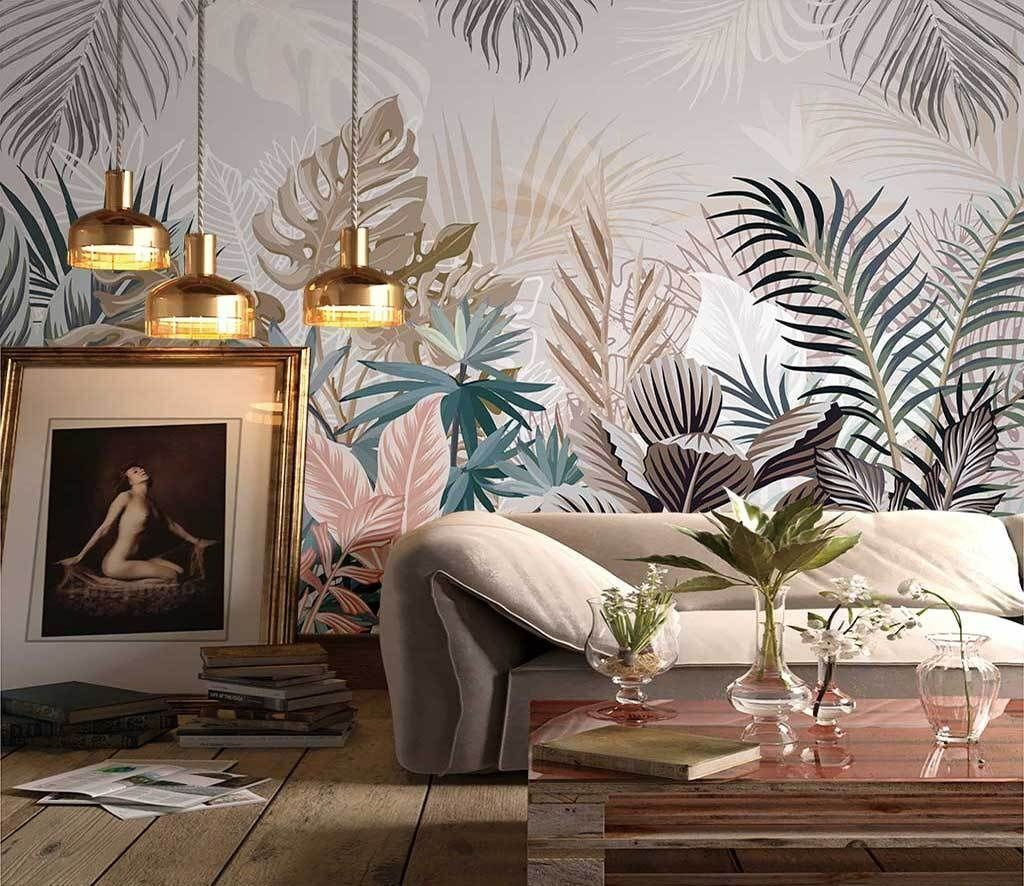 Tropenblätter in Pastell in einem Interieur