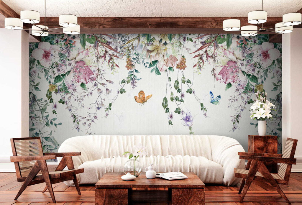 Blumengirlanden mit Schmetterlingen in einem Interieur