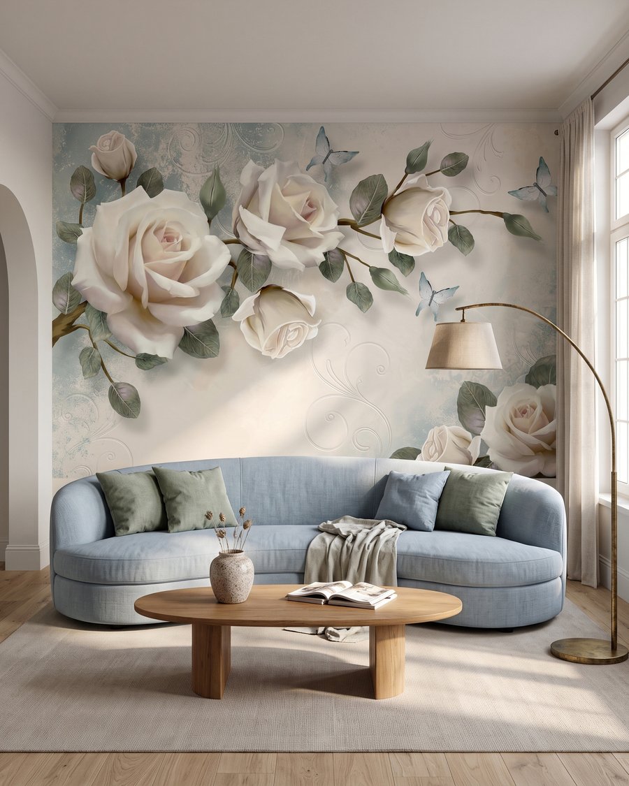 Verstreute Rosen in einem Interieur