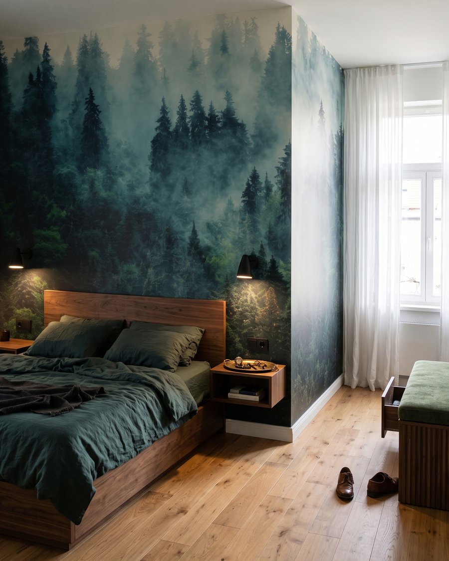 Grüne Wipfel im Nebel in einem Interieur