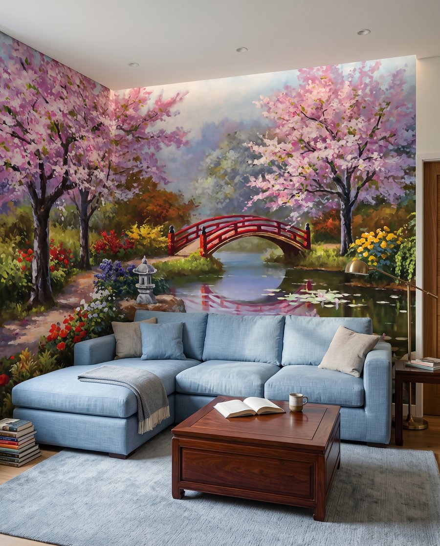 Rote Brücke zwischen Blütenbäumen in einem Interieur