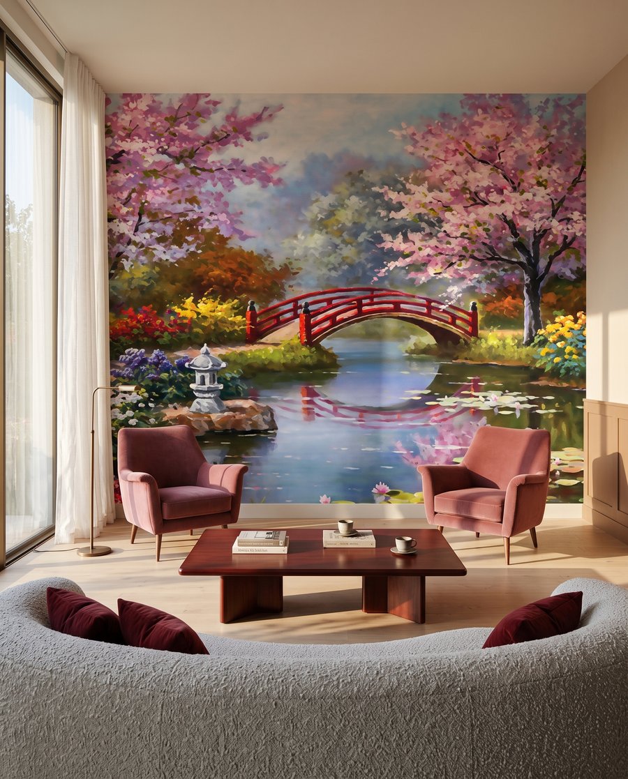 Rote Brücke zwischen Blütenbäumen — Interieur 3