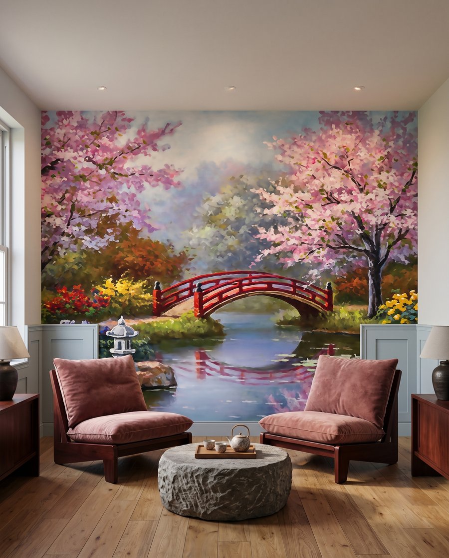 Rote Brücke zwischen Blütenbäumen — Interieur 4