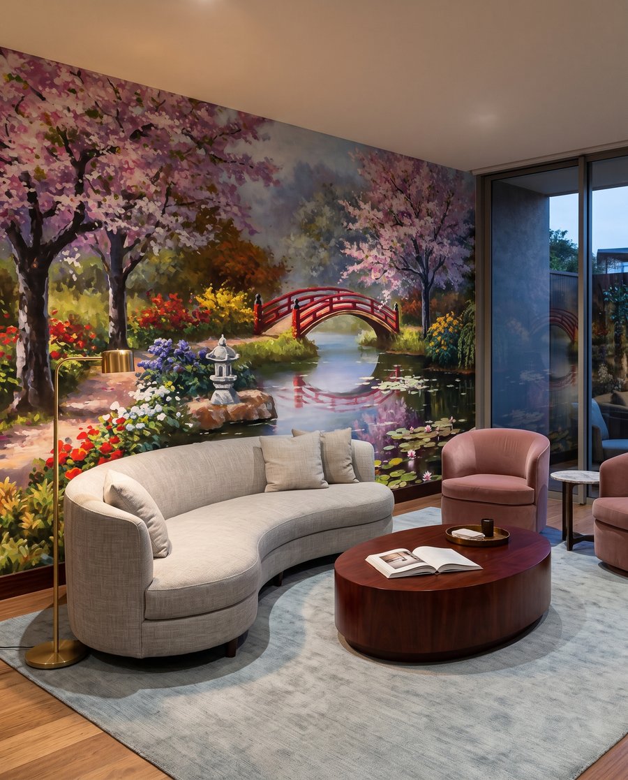 Rote Brücke zwischen Blütenbäumen — Interieur 5