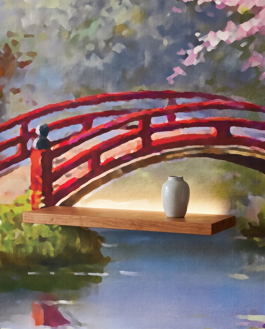 Rote Brücke zwischen Blütenbäumen — Detail