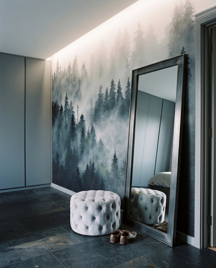 Nadelbäume im dunklen Nebel in einem Interieur