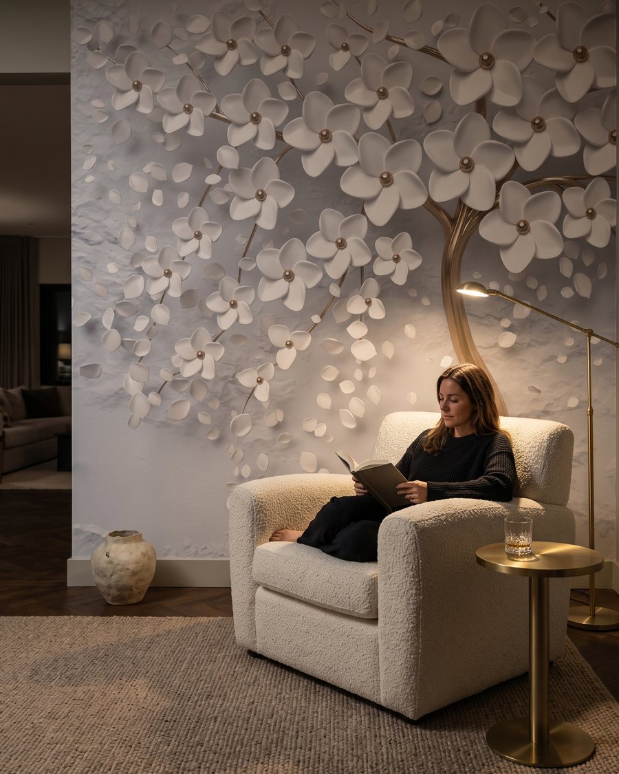 Weiße Blüten, goldener Stamm in einem Interieur