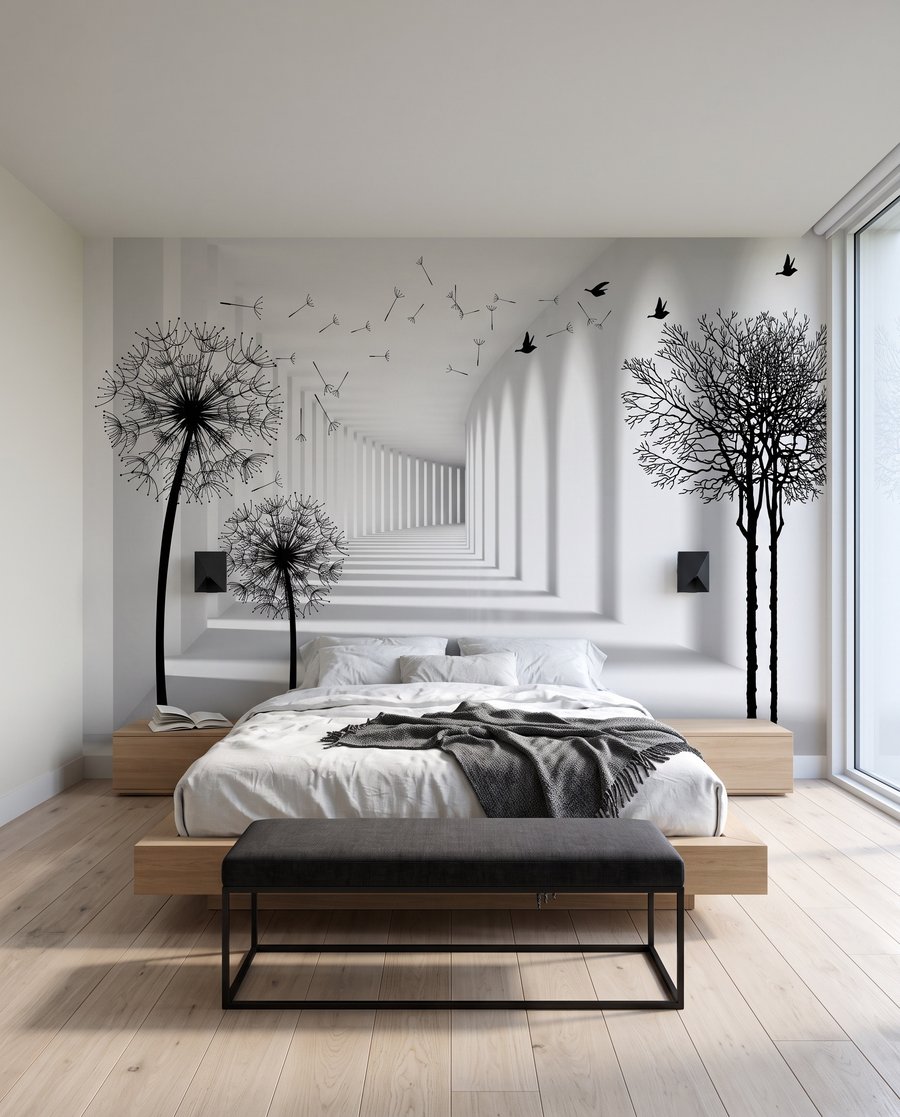 Pusteblumen vor weißen Säulen in einem Interieur