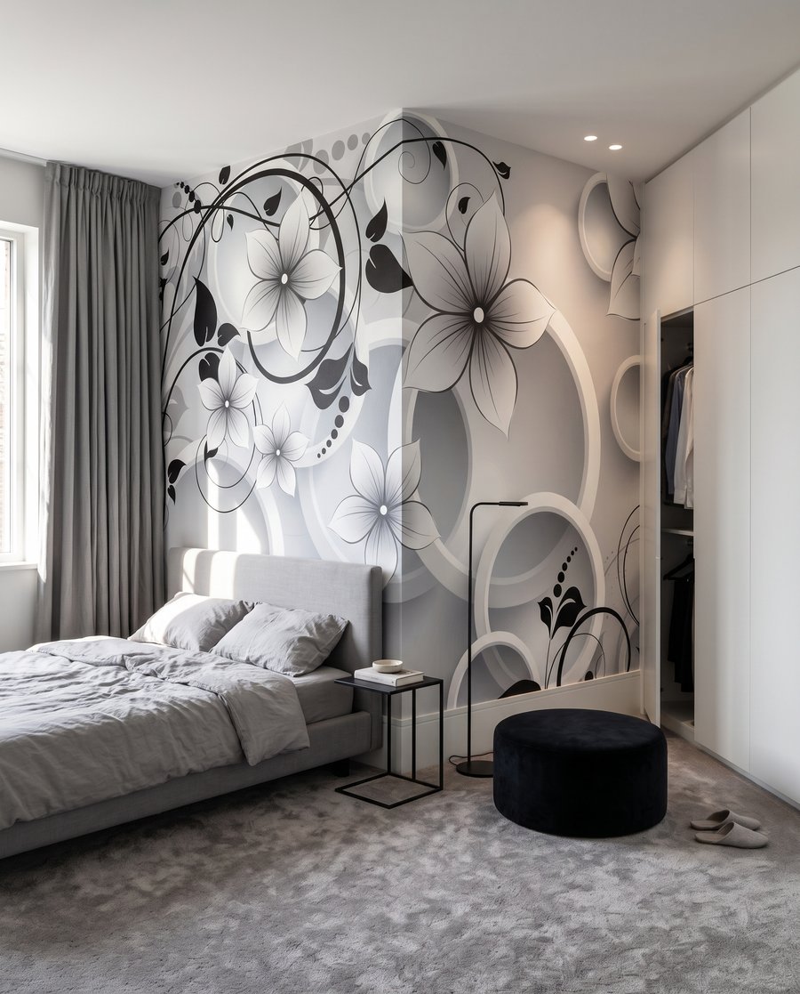 Blüten zwischen weißen Ringen in einem Interieur