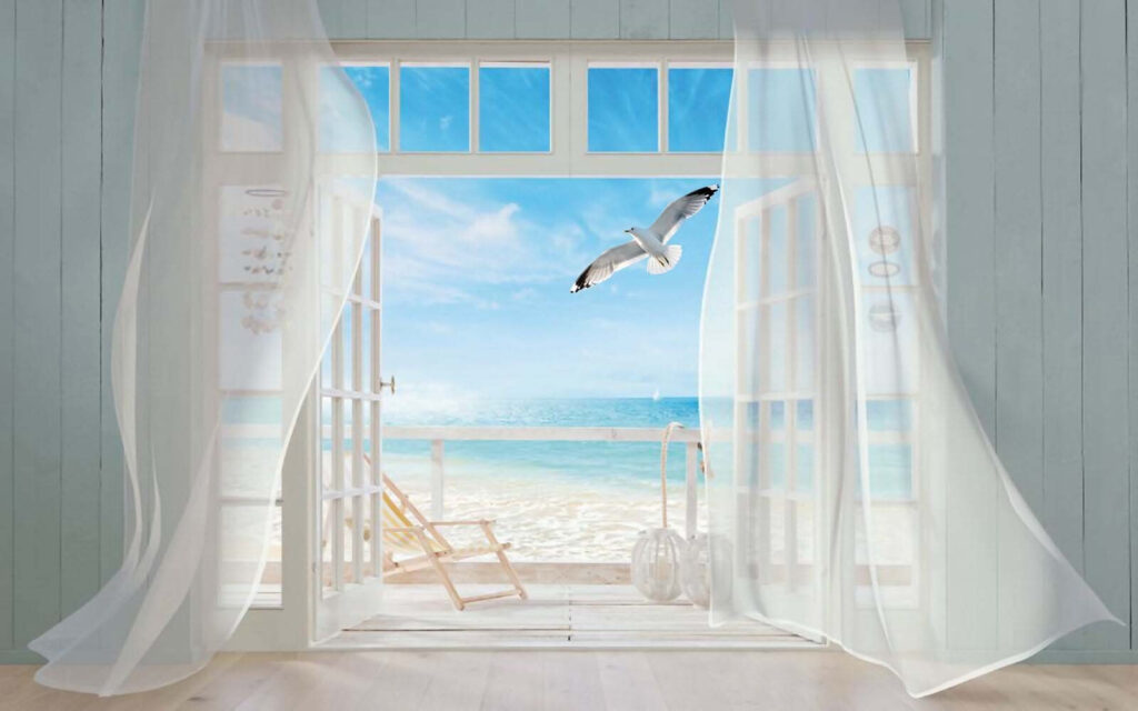 Vorhänge zum blauen Meer — ganzes Design