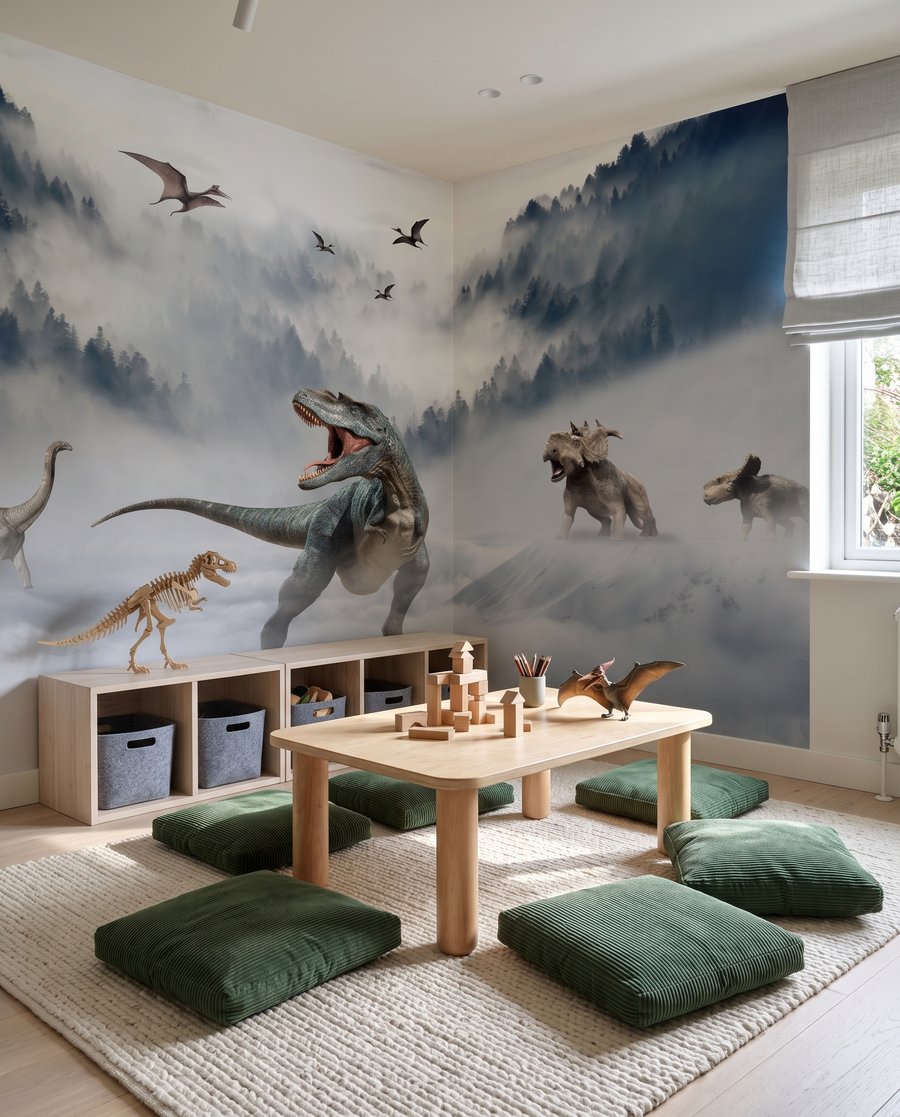 Dinosaurier im Bergnebel in einem Interieur
