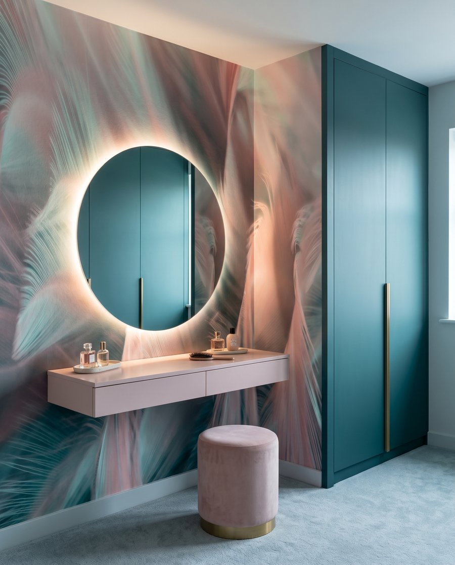 Federn in Rosa-Türkis in einem Interieur