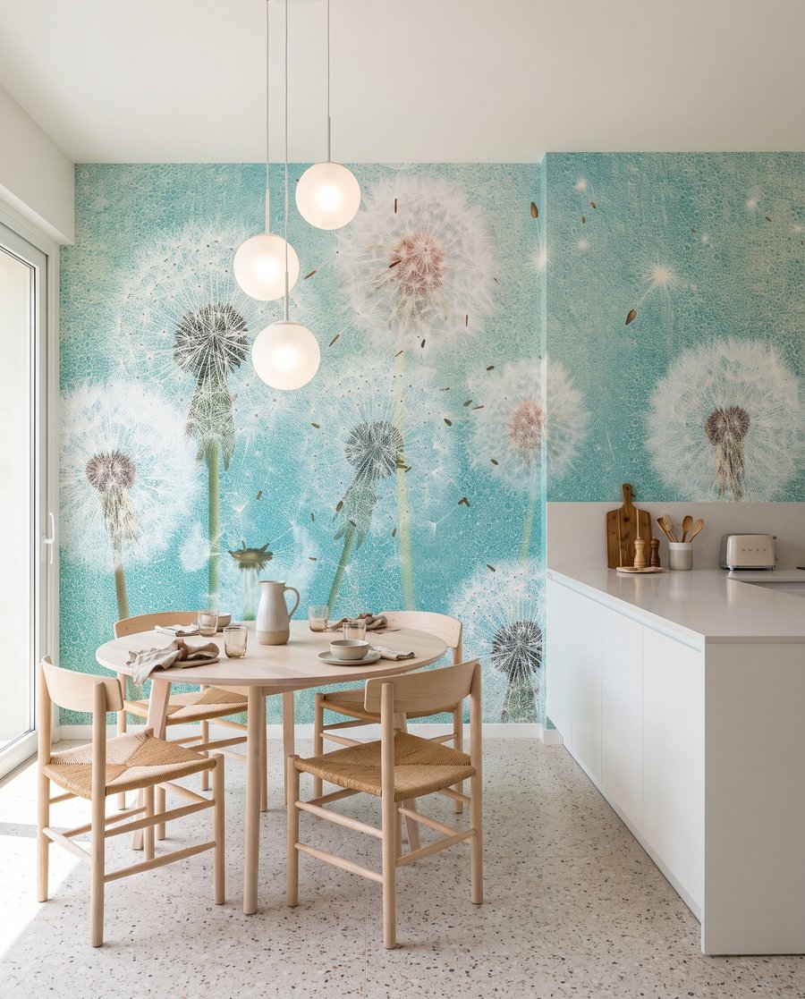 Pusteblumen vor Wassergrün in einem Interieur