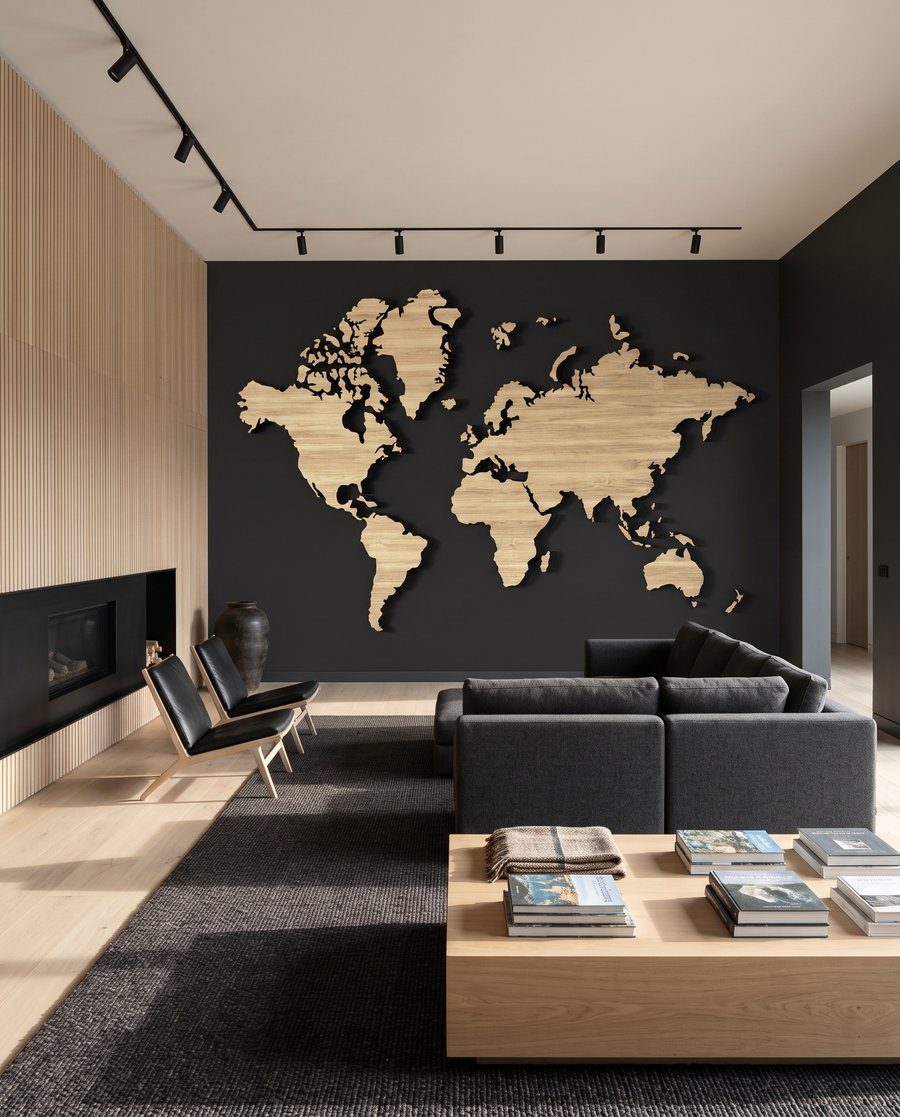 Weltkarte mit Holzmaserung in einem Interieur