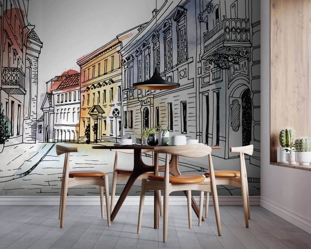 Pastellhäuser an der Biegung in einem Interieur