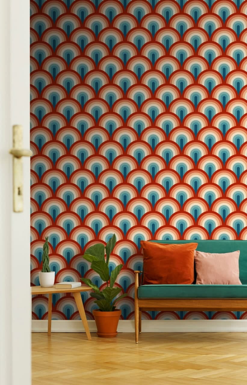 Türkisfarbene Fächer mit Orange in einem Interieur