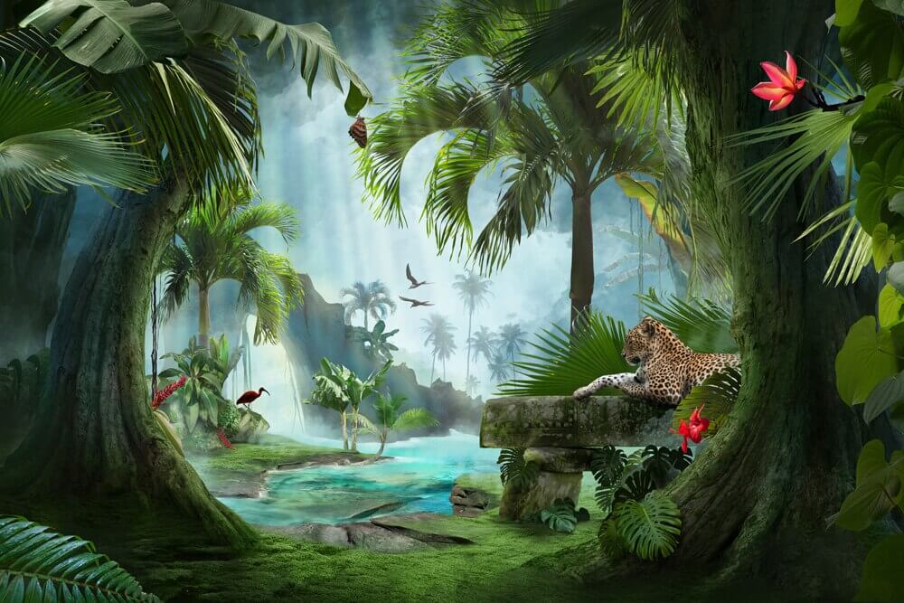 Wasserfall unter hohen Bäumen — ganzes Design