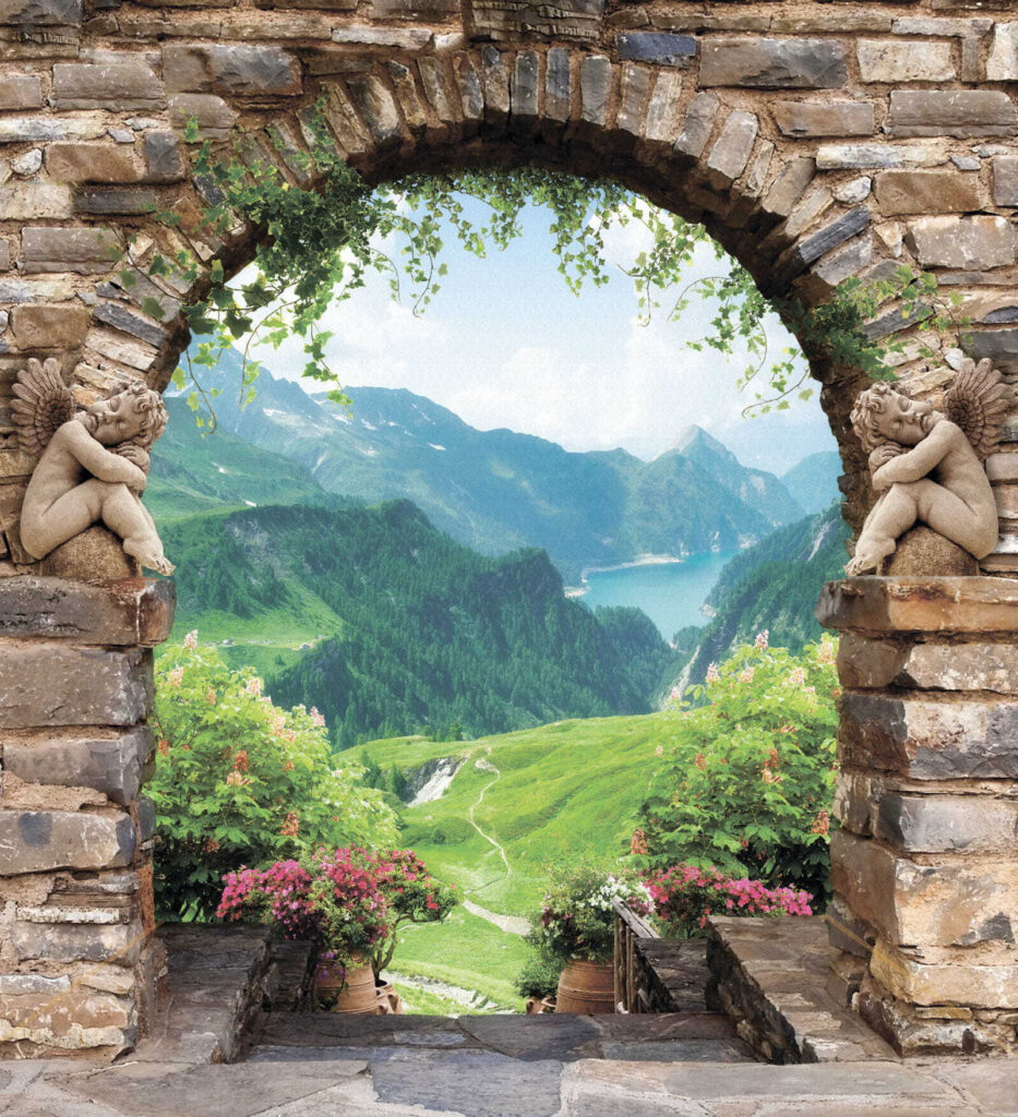 Bergtal hinter Steinbögen — ganzes Design