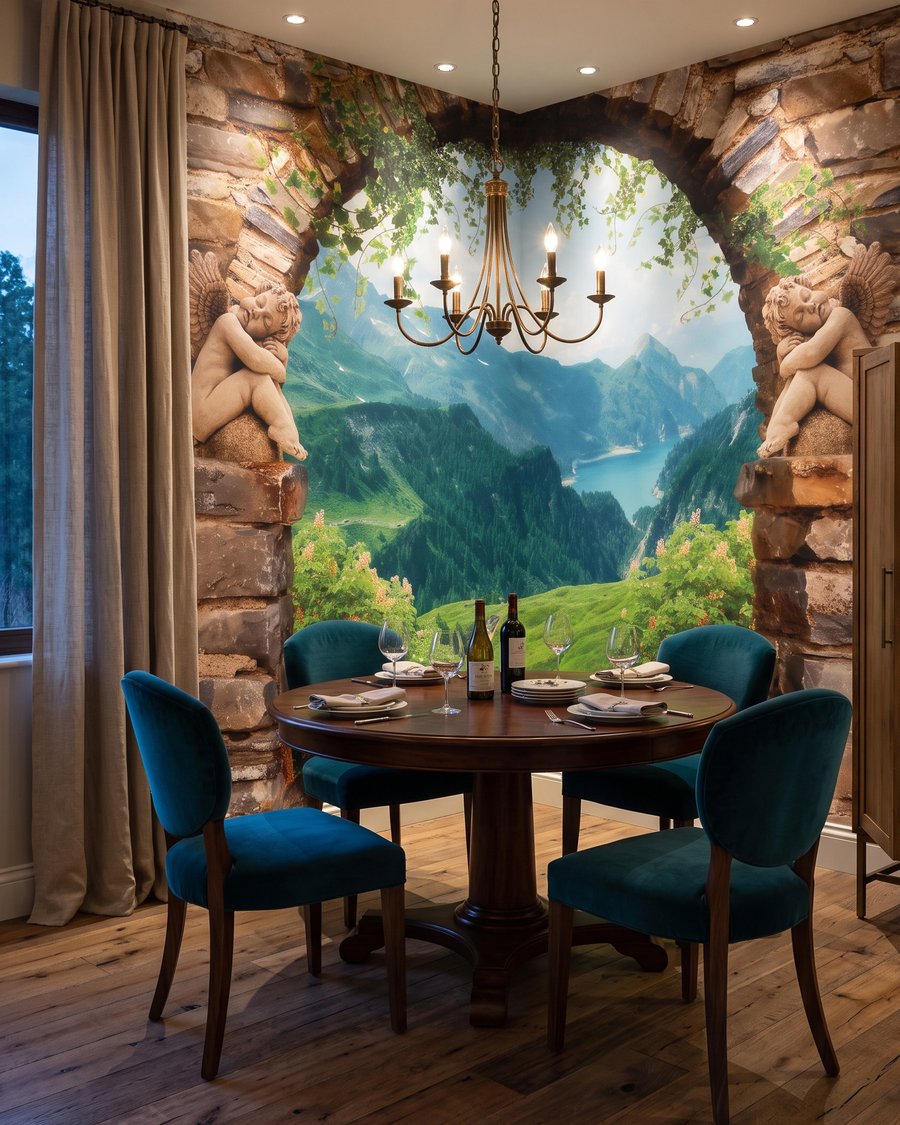 Bergtal hinter Steinbögen in einem Interieur