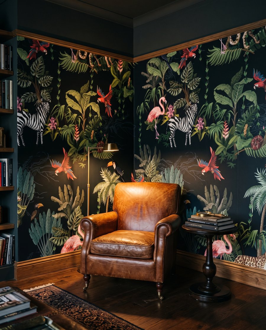 Flamingos im Nachtgarten in einem Interieur