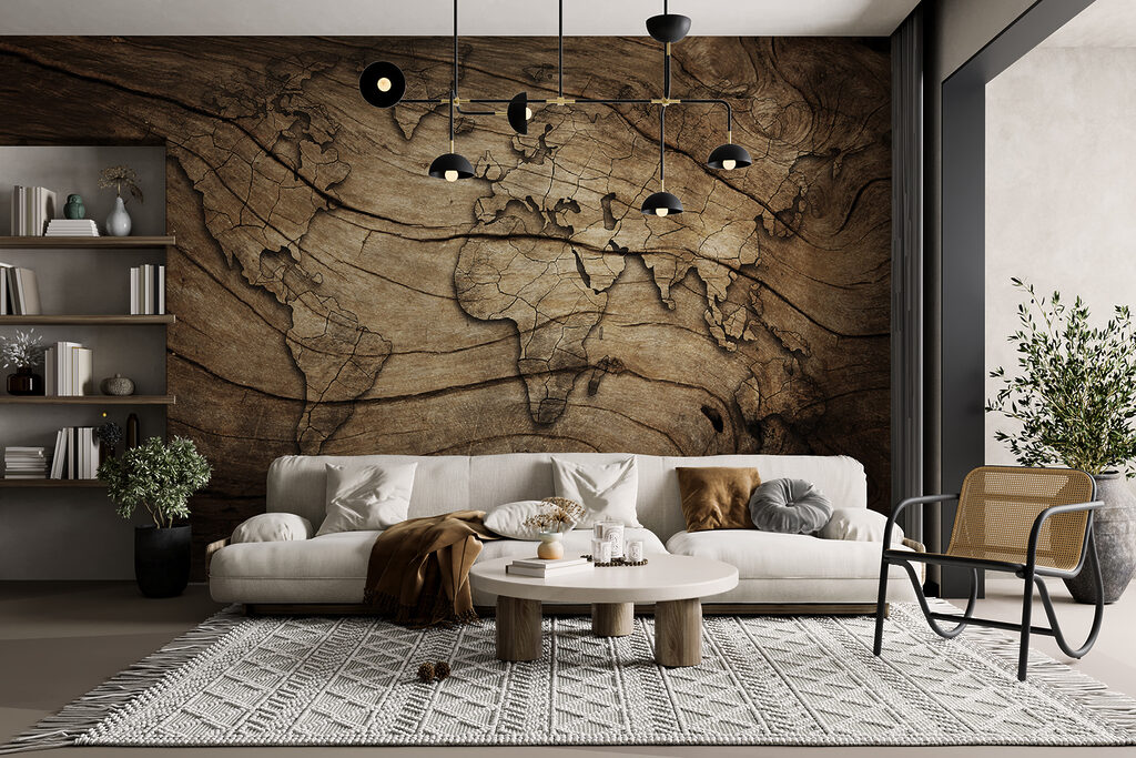 Weltkarte auf Holzmaserung — Interieur 4