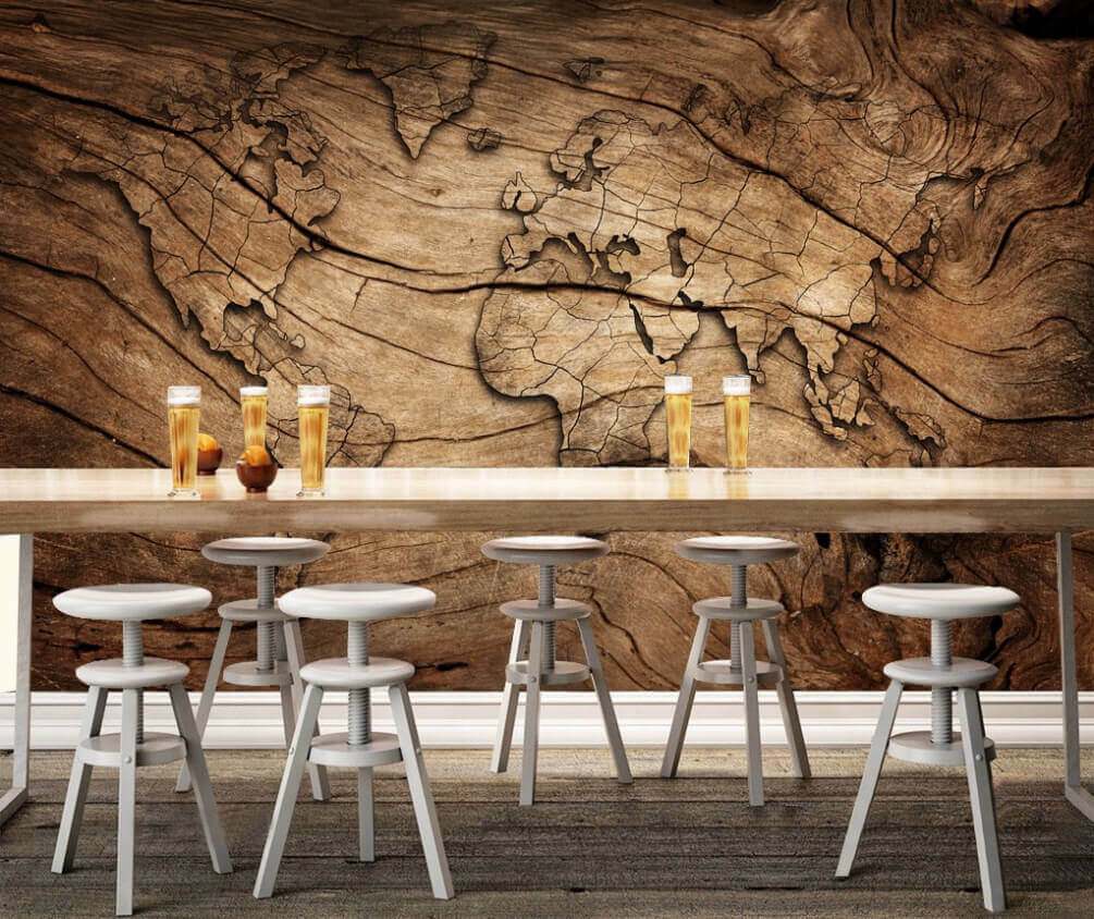 Weltkarte auf Holzmaserung — Interieur 2
