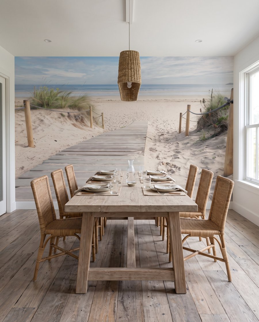 Holzsteg zum Meer in einem Interieur