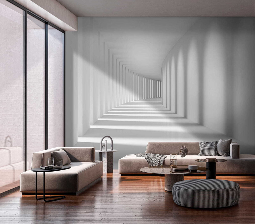 Weißer Gang voller Schatten in einem Interieur
