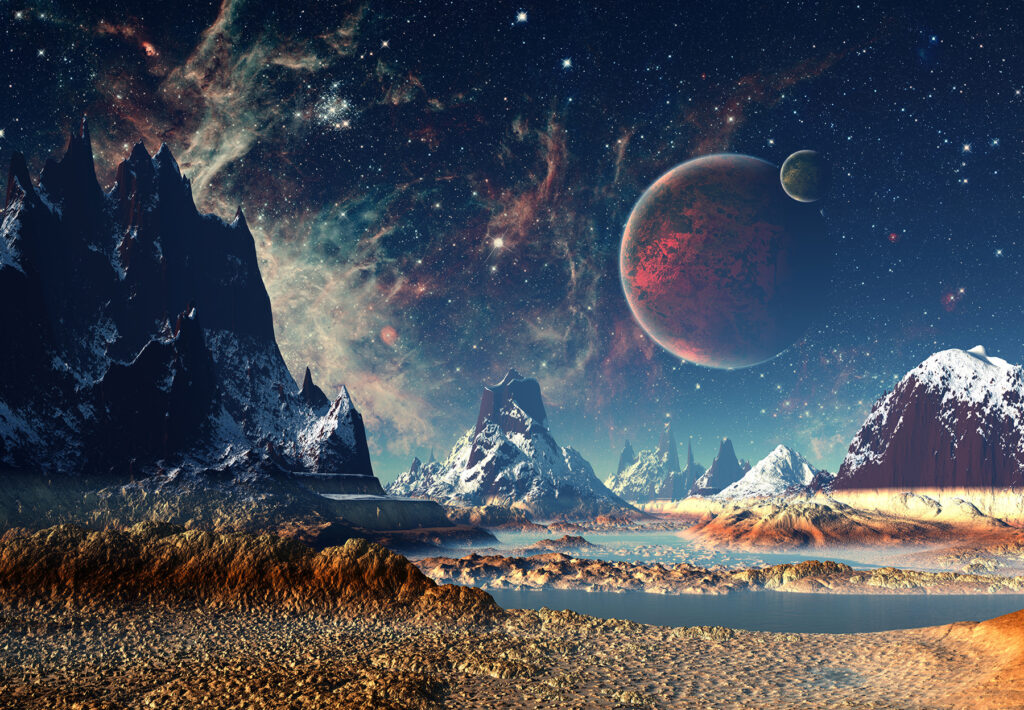 Planeten über den Bergen — ganzes Design