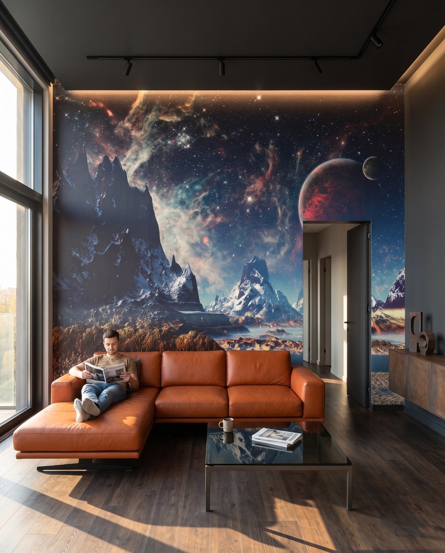 Planeten über den Bergen in einem Interieur