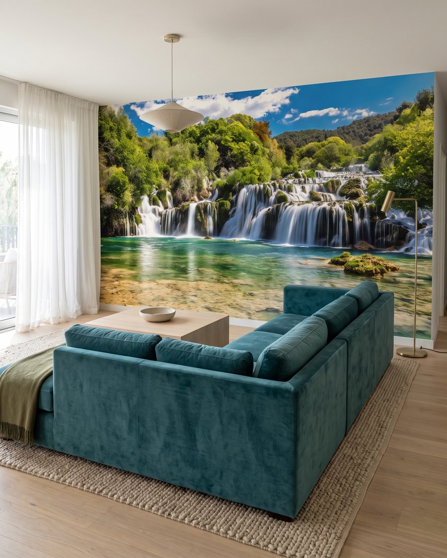 Grüner Teich unter Wasserfällen in einem Interieur