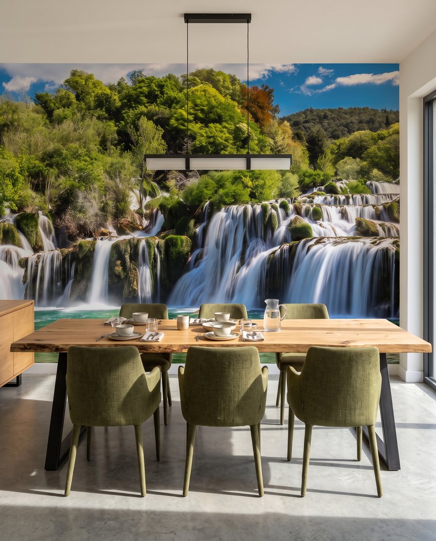 Grüner Teich unter Wasserfällen in einem Interieur