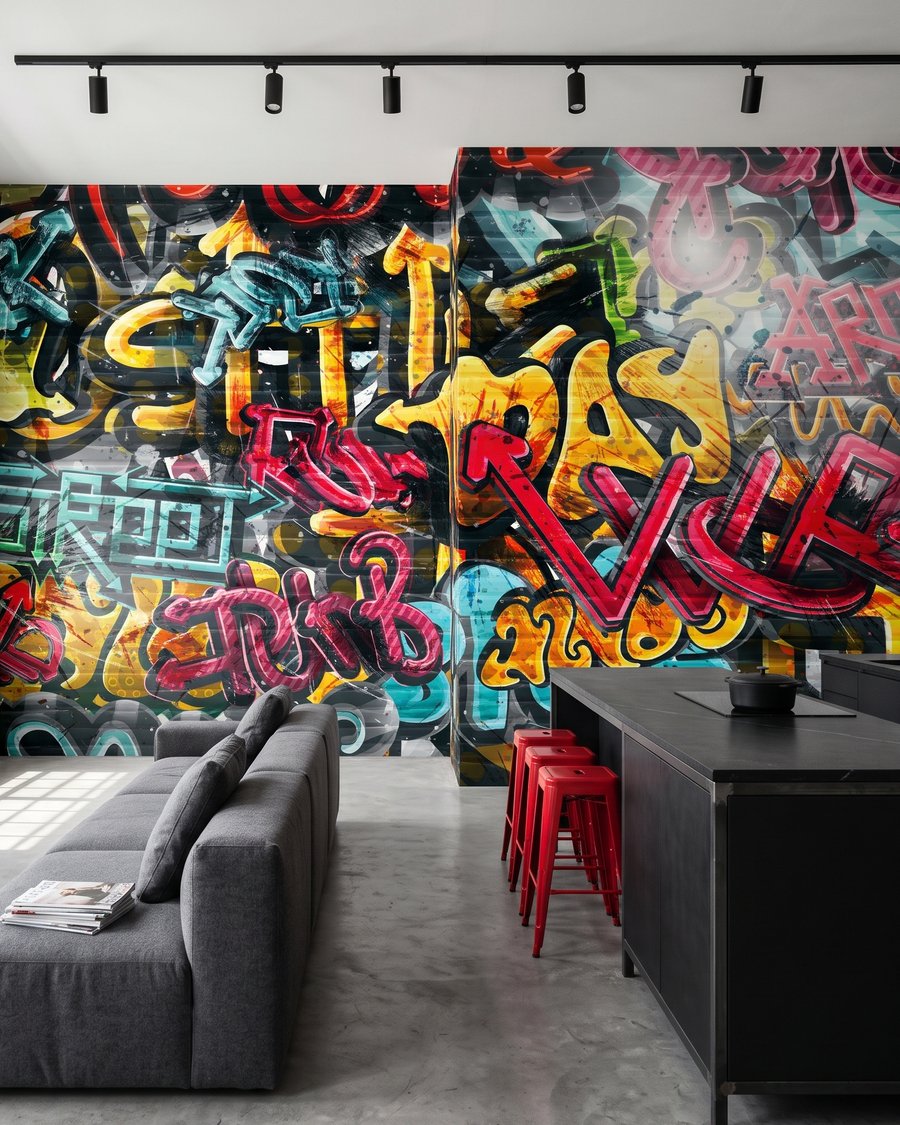 Wand voller Graffiti in einem Interieur