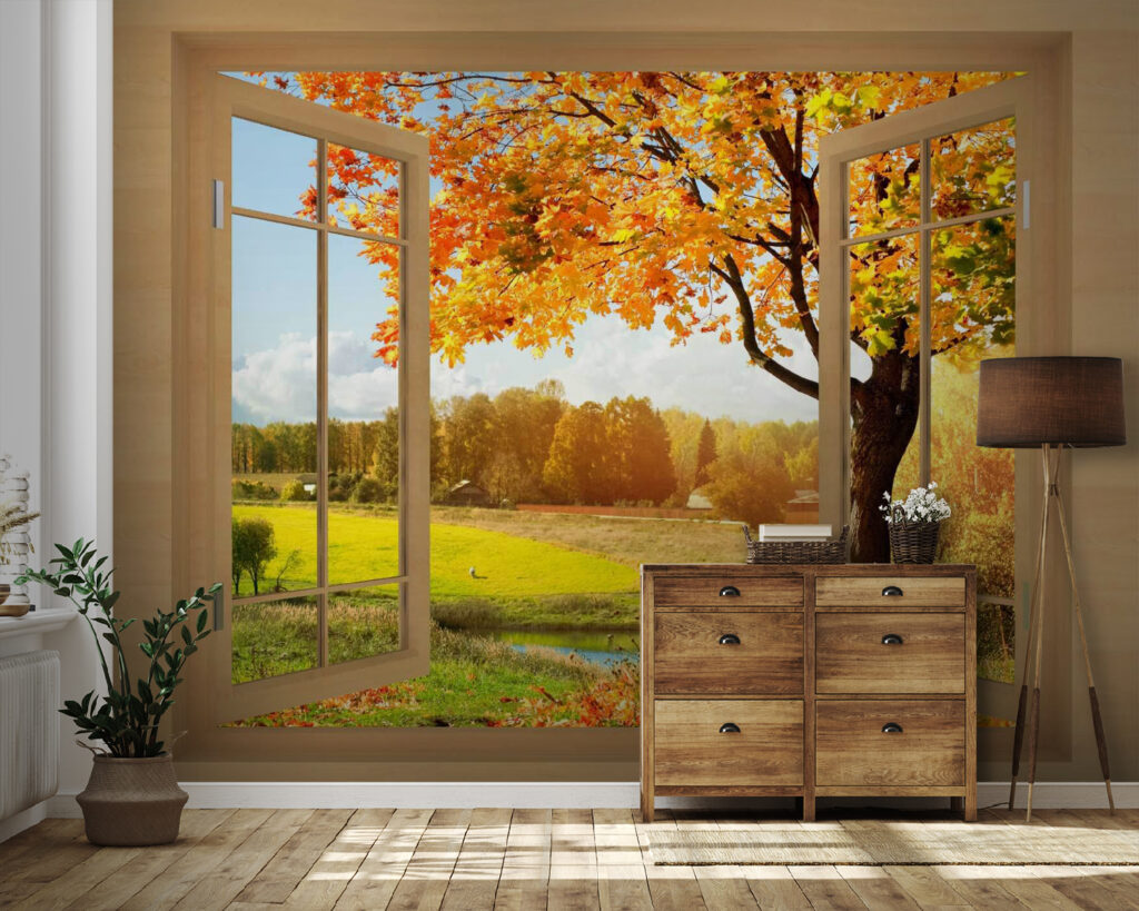Herbstbaum vor dem Fenster in einem Interieur